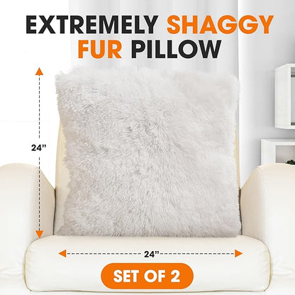 Cheer Collection Throw Pillows for Couch and Bed, Soft Shaggy Throw Pillows with Inserts Included, Cozy Long Hair Faux Fur Pillows - Set of 2-24" x 24" White