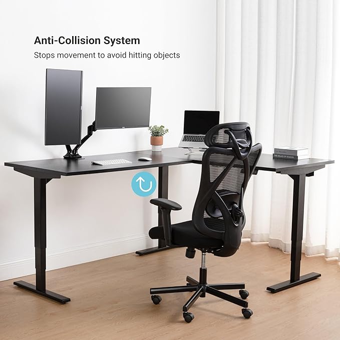 Progressive Desk Stand Up Height Adjustable Standing Desk - L Shaped 85" x 72" Corner Computer Rising Workstation Electric Table - White Frame, Ebony Oak Top