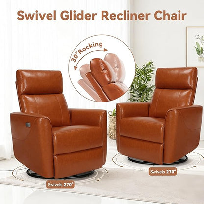 Himimi Power Recliner Chair, Swivel Recliner Chair for Adults, Glider Recliner Nursery Chair with Massage and Heat, Faux Leather, Side Pocket, USB Charging, Living Room, Bedroom, Orange-Brown