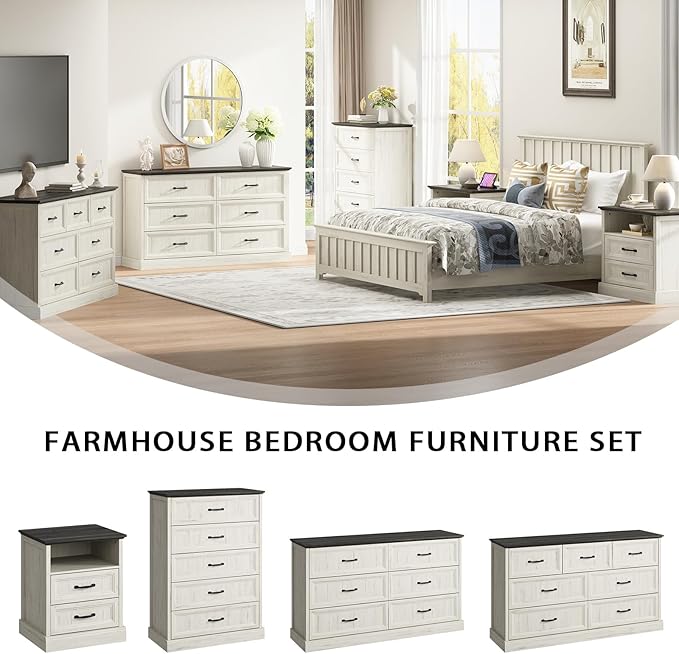 Farmhouse 7 Drawer Dresser for Bedroom, 55 Inch Wide Modern White Dresser TV Stand with Large Drawers & Bar Handles, Rustic Wood Chest of Drawers for Bedroom, Living Room