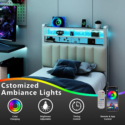 VINGLI Twin or Twin XL Size Headboard, Adjustable Upholstered Headboard with 3 Tier Shelves and Pegboard with Charging Stations and LED Lights, Modern Bed Headboard with Storage for Bedroom Decor