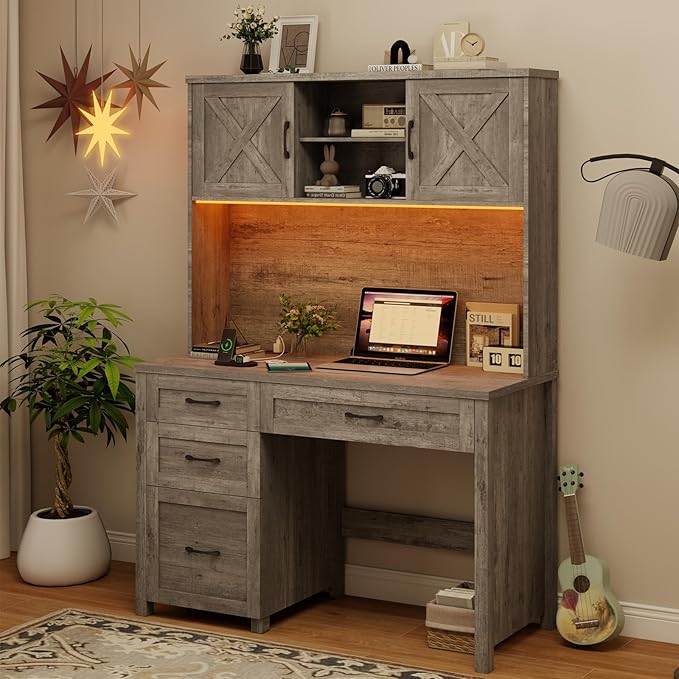Farmhouse 67" H Executive Desk with Hutch,Computer Desk with 4 Drawers and LED light, Office table with Storage Cabinet & File Drawers and Charging Station,Workstation for Home Office and Study(Grey)