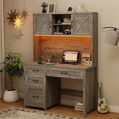 Farmhouse 67" H Executive Desk with Hutch,Computer Desk with 4 Drawers and LED light, Office table with Storage Cabinet & File Drawers and Charging Station,Workstation for Home Office and Study(Grey)
