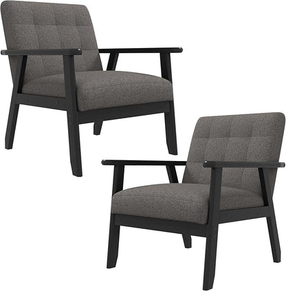 Westice Accent Chair Set of 2, Mid-Century Modern Living Room Chairs with Solid Wood Frame & Soft Thicken Cushion, Upholstered Arm Reading Chair for Bedroom, Balcony, Grey Linen Fabric & Black Legs