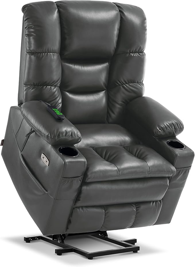 MCombo Large Triple Motor Power Lift Recliner Chair with Massage and Dual Heating, Adjustable Headrest for Tall Elderly People, Faux Leather 7634 (Dark Grey, Large)