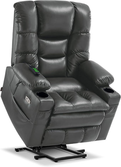 MCombo Large Triple Motor Power Lift Recliner Chair with Massage and Dual Heating, Adjustable Headrest for Tall Elderly People, Faux Leather 7634 (Dark Grey, Large)