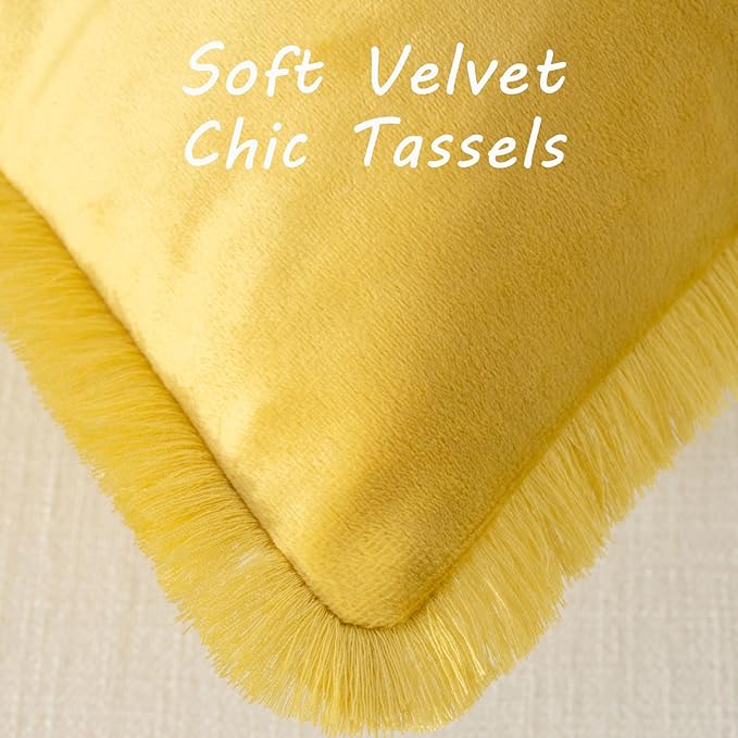 FUTEI Lemon Yellow Velvet Decorative Throw Pillow Covers 18x18 Set of 2,Soft Cozy Edge with Tassels Cushion Case,Boho Modern Home Decor for Couch Bed Living Room