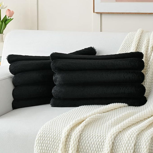 FUTEI Black Decorative Throw Pillow Covers 12x20 Inch Set of 2, Square Soft Faux Rabbit Fur Thick Striped Lumbar Pillow Case,Winter Home Decor for Couch Bed Living Room