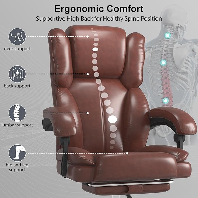 Big and Tall Office Chair, Executive Home Office Desk Chair, Leather Computer Chair with Retractable Footrest, Adjustable Headrest and Reclining Height, Padded Arms, 360°Swivel Free, Wide Seat, Brown