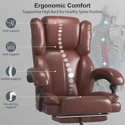 Big and Tall Office Chair, Executive Home Office Desk Chair, Leather Computer Chair with Retractable Footrest, Adjustable Headrest and Reclining Height, Padded Arms, 360°Swivel Free, Wide Seat, Brown