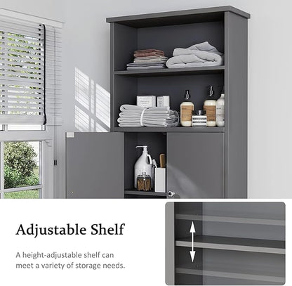Meilocar Over The Toilet Storage Cabinet for Bathroom, 75in Over Toilet Cabinet Freestanding Storage Organizer, Space Saver with Doors and Adjustable Shelf, Grey