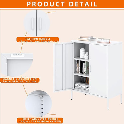 Metal Storage Cabinet with Doors and Shelves,Multipurpose Storage Rack, 3-Tier Shelf,Metal Locker Style Accent Cabinet for Home Office,Living Room,Kitchen(White, 40''H)