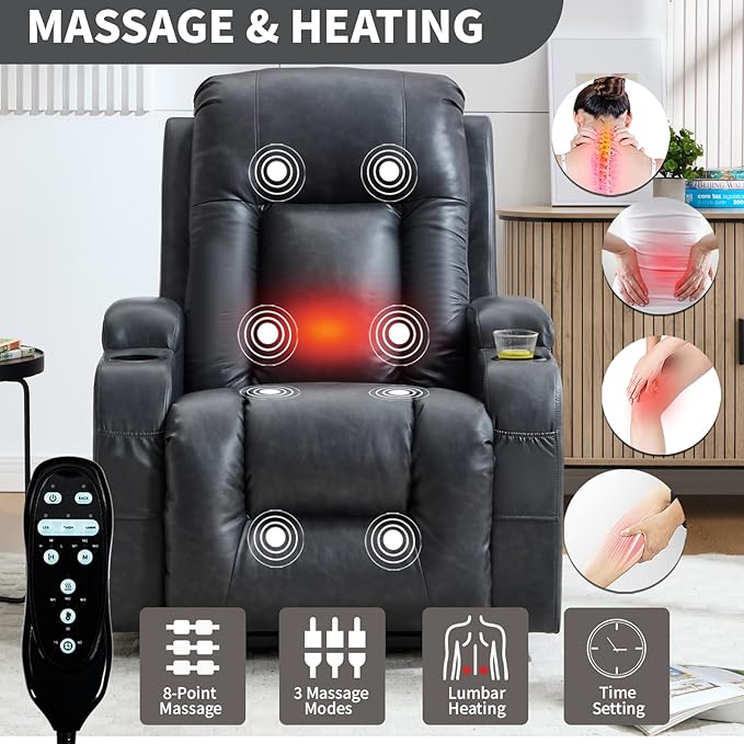 PELUMY Manual Lift Recliner Chair for Elderly with Massage & Heat, Oversized Heavy Duty 350 lbs Recliner with Cup Holders & USB Ports, Infinite Positioning Lift Chair (Breathable Leather, Dark Grey)