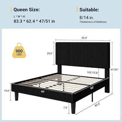 Allewie Queen Size Upholstered Bed Frame with Vertical Channel Tufted Headboard, Soft Corduroy Fabric Platform Bed, Strong Wooden Slats Support, Easy Assembly, No Box Spring Needed, Black