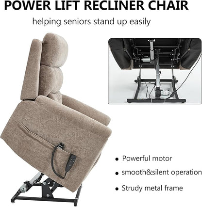 PELUMY Power Lift Recliner Chair for Elderly with Massage and Heat, Dual Motor Heavy Duty 350lbs Recliner, 8-Point Vibration & Lumbar Heating, Electric Lift Chair (Chenille, Khaki)