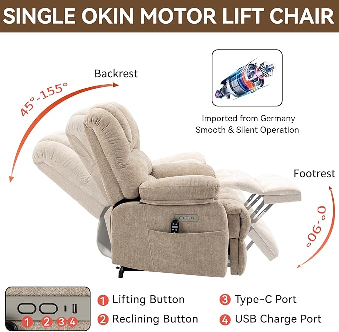 Power Lift Recliner Chair for Elderly with Heat Function, 8 Node Massage with 3 Modes, Silent Operation, Oversized Electric Lift Recliner Single Sofa for Living Room with USB Charging, Beige
