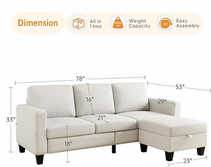 Sectional Sofa and Couches for Living Room, 78'' Beige 3 Seat L-Shaped Couch with Movable Ottoman, Comfy Fabric Convertible Sectionals Sofas with Chaise for Apartment, Office, Small Space