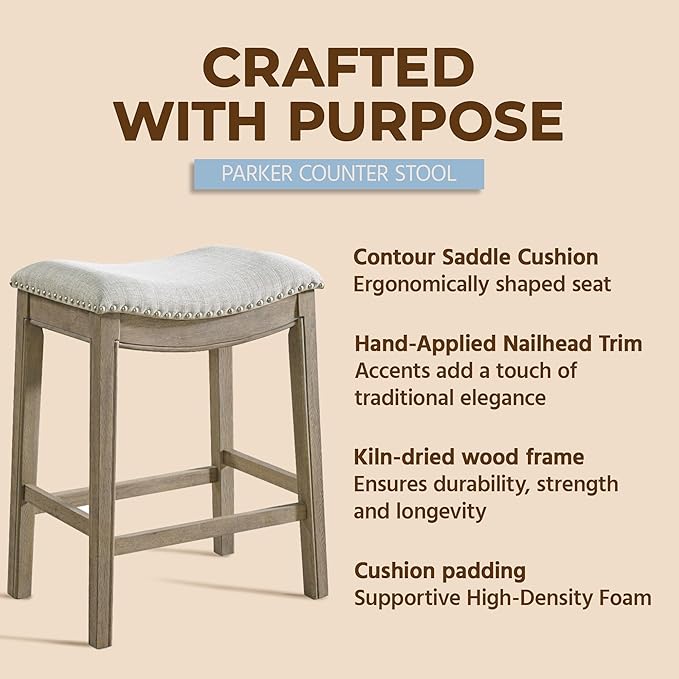 ROME + OAK Set of 4 Parker 26" Counter Stool, Backless Saddle Kitchen Barstool in Reclaimed Oak Finish with Ash Grey Fabric Upholstery Cushion Seat