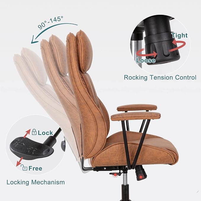High Back Office Desk Chair,Ergonomic Reclining Office Chair,Modern Swivel Computer Chair,Conference Room Chairs,Brown Leather Chair with Lumbar Support,330lbs