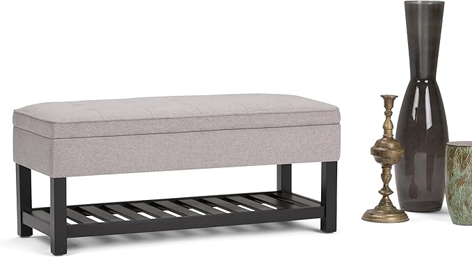 SIMPLIHOME Cosmopolitan 44 inch Wide Transitional Rectangle Storage Ottoman Bench with Open Bottom in Cloud Grey Linen Look Fabric, Assembled for the Living Room and Bedroom