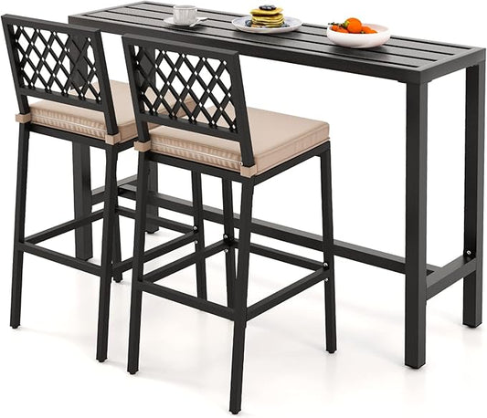 COSTWAY 3 Piece Outdoor Bar Table and Chairs Set, 55" Pub Height Bar Table & 2 Cushioned Bar Stools with Rhombus Backrest, Metal Patio Bar Table Set for Balcony, Backyard, Porch, Pool