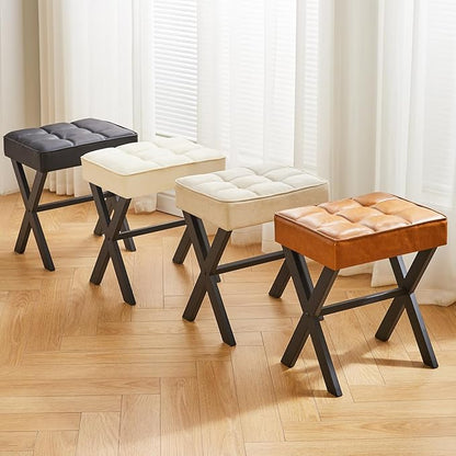 IBUYKE Square Makeup Stool with X-Leg Foot Rest, PU Footrest, Ottoman Seat, Multi-Use as Small Side Table, for Bedroom, Living Room, Light Brown LG-71J