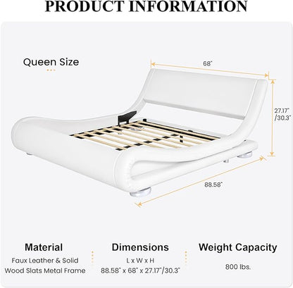 SHA CERLIN Queen Size Upholstered Bed Frame, Deluxe Low Profile Sleigh Bed with Faux Leather Ergonomics Headboard, No Box Spring Needed & Easy Assembly, White