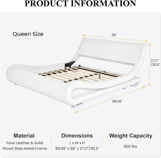 SHA CERLIN Queen Size Upholstered Bed Frame, Deluxe Low Profile Sleigh Bed with Faux Leather Ergonomics Headboard, No Box Spring Needed & Easy Assembly, White