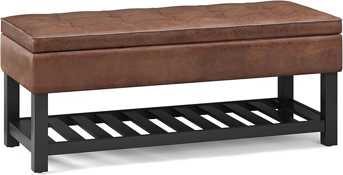 SIMPLIHOME Cosmopolitan 44 inch Wide Transitional Rectangle Storage Ottoman Bench with Open Bottom in Distressed Saddle Brown Vegan Faux Leather, Assembled for the Living Room and Bedroom