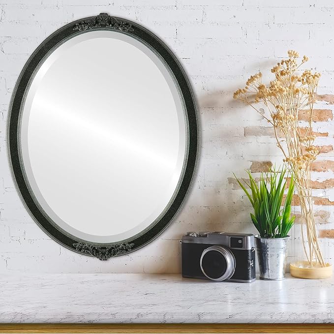 OVALCREST Oval Beveled Wall Mirror for Home Decor - Athena Style - Black Silver - 18" x 14" Outside Dimensions
