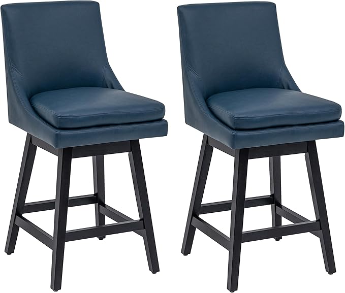 Bar Stools Set of 2, PU Leather Barstools, 26 Inch Upholstered Counter Stools with 14.2" High Back and Footrest, Swivel Counter Height Barstools for Kitchen Island Home Bar Navy Blue