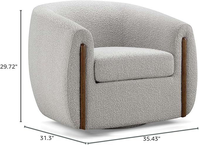 CHERS Aspen Swivel Accent Chair with Wood Accents, Bouclé Upholstered Armchair for Living Room, 360° Swivel Barrel Chair with High-Density Cozy Foam Cushioning, Modern Design, Light Gray