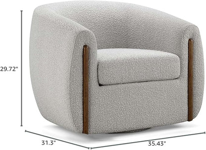 CHERS Aspen Swivel Accent Chair with Wood Accents, Bouclé Upholstered Armchair for Living Room, 360° Swivel Barrel Chair with High-Density Cozy Foam Cushioning, Modern Design, Light Gray