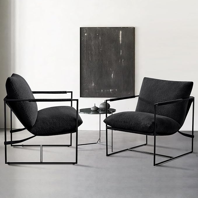 Furniliving Sling Accent Chair with Metal Frame, Comfortable Boucle Fabric Arm Chair, Upholstered Cozy Reading Chair for Living Room, Bedroom, Dressing Room, Home Office, Black