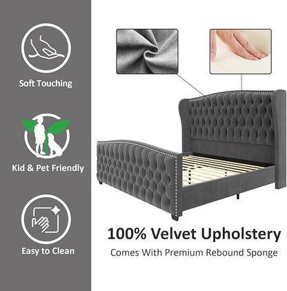 AMERLIFE King Size Platform Bed Frame, Velvet Upholstered Bed with Deep Button Tufted & Nailhead Trim Wingback Headboard/No Box Spring Needed/Grey