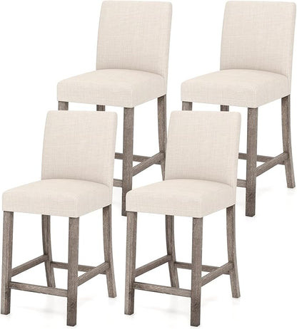 COSTWAY Counter Height Bar Stools Set of 4, 24.5’’ Upholstered Mid Century Modern Island Chairs with Rubber Wood Legs, Wooden Barstools for Kitchen, Dining Room, Bar, Restaurant (Beige)