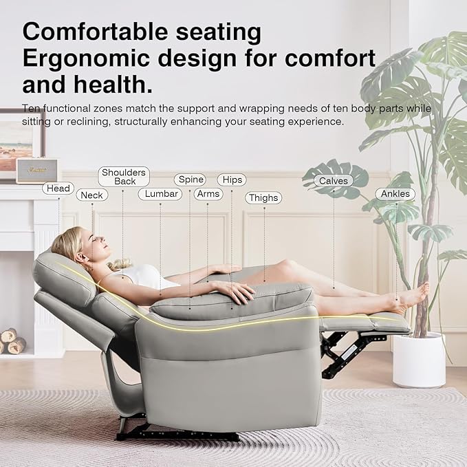 AIRSKY Genuine Leather Recliner Chair, Top Grain Leather, Italian Water-Washing Process, Living Room Chair with Lumbar Support,for Theater Seating, Bedroom. R1, Grey