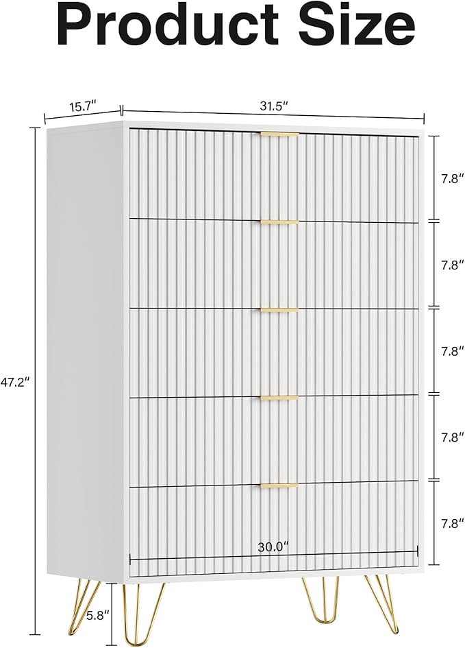 White Dresser for Bedroom, Fluted Modern Dresser with Gold Pulls and 5 Drawers, 15.7" D x 31.5" W x 47.2" H