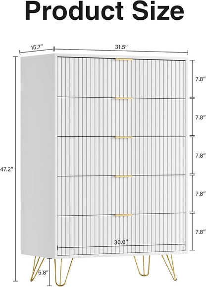 White Dresser for Bedroom, Fluted Modern Dresser with Gold Pulls and 5 Drawers, 15.7" D x 31.5" W x 47.2" H
