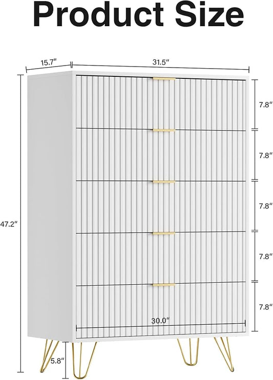 White Dresser for Bedroom, Fluted Modern Dresser with Gold Pulls and 5 Drawers, 15.7" D x 31.5" W x 47.2" H