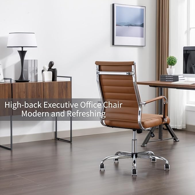 Office Desk Chair Leather, Conference Room Chairs with Wheels, Executive Modern High Back Ergonomic Swivel Rolling Ribbed Computer Chair