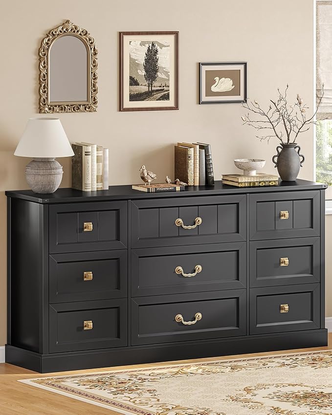 AOGLLATI Farmhouse 9 Drawers Dresser for Bedroom, 63" Wide Wood Rustic Chest of Drawers with Natural Texture, Vintage Design, Long Wide Storage Dresser for Bedroom, Black