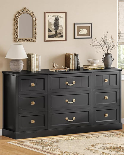 AOGLLATI Farmhouse 9 Drawers Dresser for Bedroom, 63" Wide Wood Rustic Chest of Drawers with Natural Texture, Vintage Design, Long Wide Storage Dresser for Bedroom, Black
