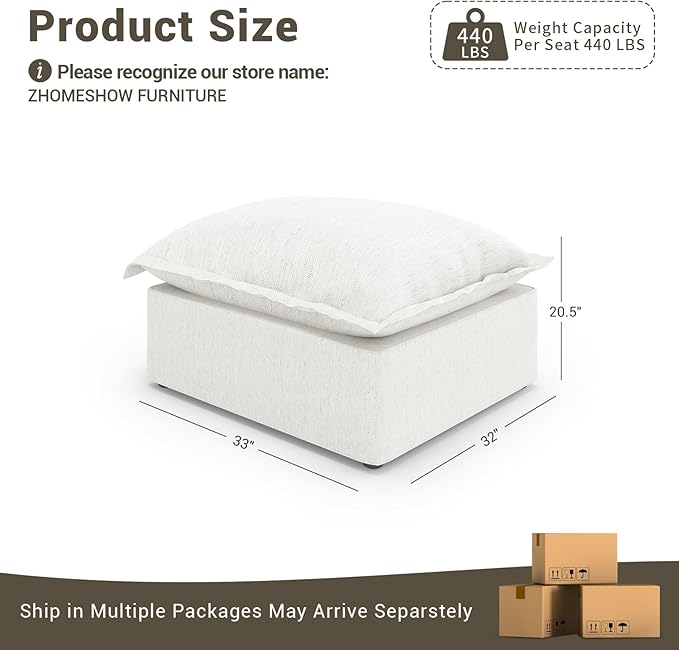 Cloud Sectional Sofa, Down Fill Cloud Couch, Convertible Modular Couch with Washable Cover, Movable Ottoman, Sectional Couches for Living Room, Bedroom, Small Apartments, Linen, Cream White