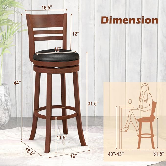 COSTWAY Bar Stools, 360-Degree Swivel Bar Chairs with PU Upholstered Seats, Solid Rubber Wood Backrests, Footrests & Legs, Bar Height Stools with Backs for Kitchen, Bar, Brown (4)