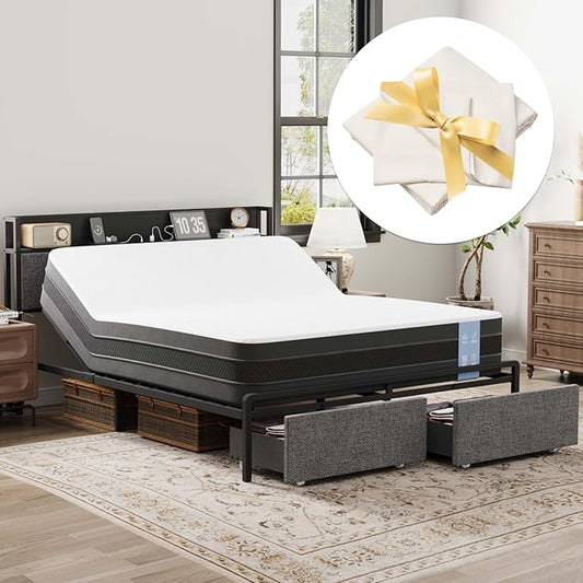 FLEXISPOT Queen Adjustable Bed + 12" Cooling Gel Memory Foam Mattress, Storage Headboard, Charging Station, LED Light, Drawers, Quiet DC Motor, Easy Assembly – Bonus 4-Piece Queen Sheet Set Included