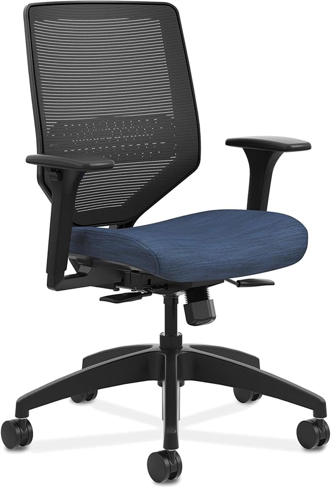 HON Solve Task Chair, Ergonomic Office Chair Mesh Back Support, Adjustable Lumbar Support, with Wheels, Height-Adjustable Arms, for Computers, Desks, Home Office, Blue