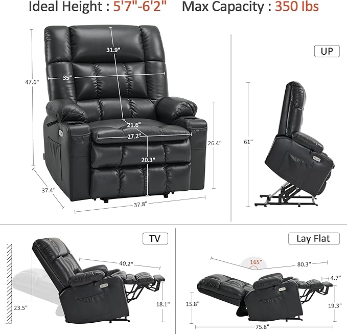 MCombo Dual Motor Power Lift Recliner Chair for Elderly, Lay Flat Lift Chair with Heat and Massage, Oversized Lift Recliner for Big and Tall, Faux Leather R7891 (Black, Oversized)