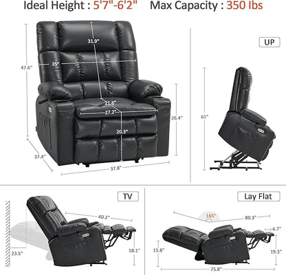MCombo Dual Motor Power Lift Recliner Chair for Elderly, Lay Flat Lift Chair with Heat and Massage, Oversized Lift Recliner for Big and Tall, Faux Leather R7891 (Black, Oversized)