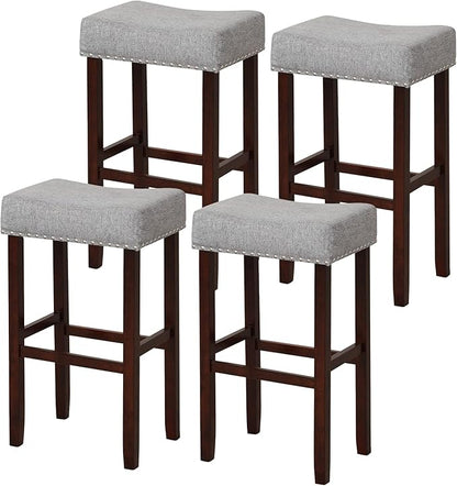COSTWAY Counter Height Bar Stools Set of 2, 29.5-inch Backless Saddle Stools with Nailhead Trim, Rubber Wood Frame, Footrest, Max Load 330 Lbs, Upholstered Barstools for Kitchen Island Pub, Grey